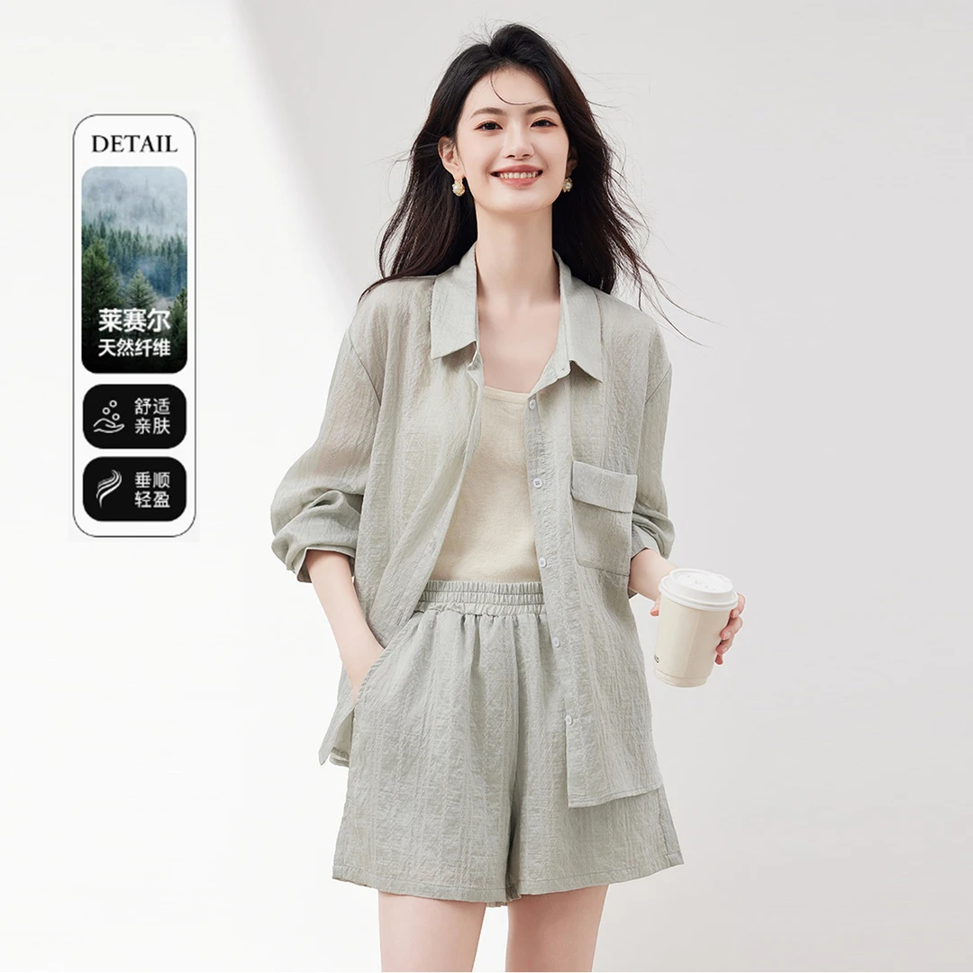 天丝衬衫短裤防晒两件套装女2025夏季休闲时尚气质减龄搭配一整套