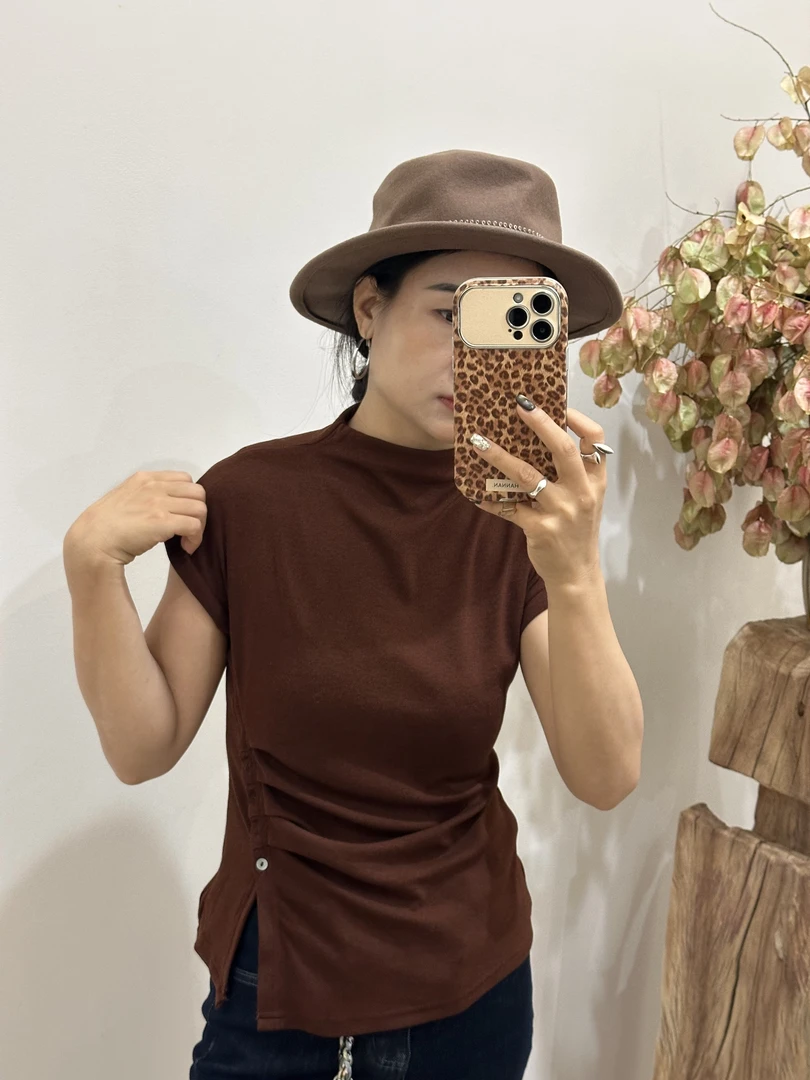 修身褶皱拼接T恤五分袖ins夏季植物花卉抽绳百搭复古