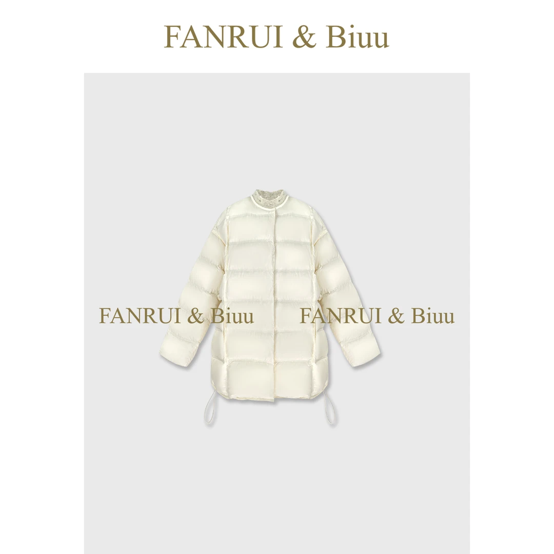 FANRUI/泛芮「雅奢廓影」锁温羊毛拼接中长款90白鸭绒羽绒服B19644