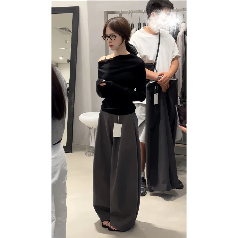 秋季新款一字肩针织衫女修身打底毛衣内搭长袖上衣直筒宽松阔腿裤