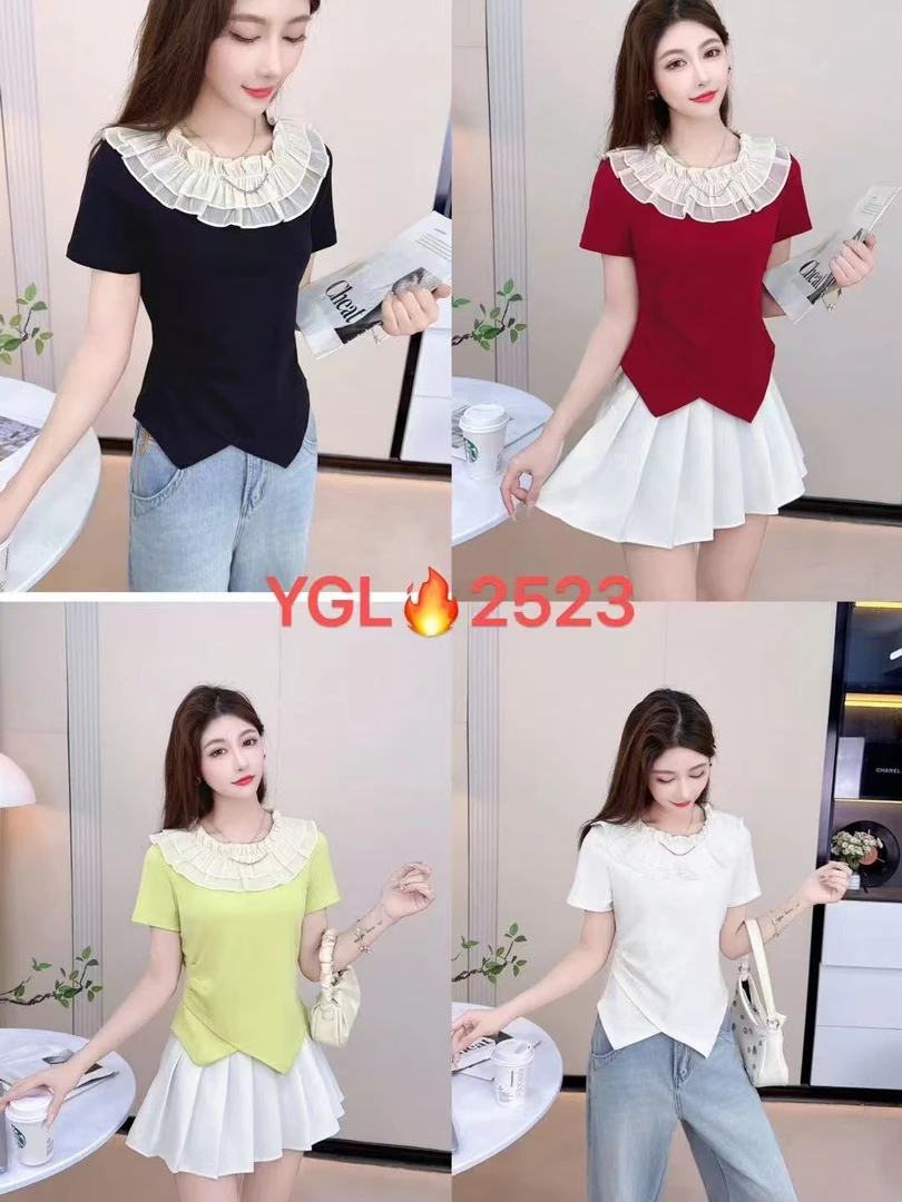 夏季冰感花边收腰显瘦气质上衣2523