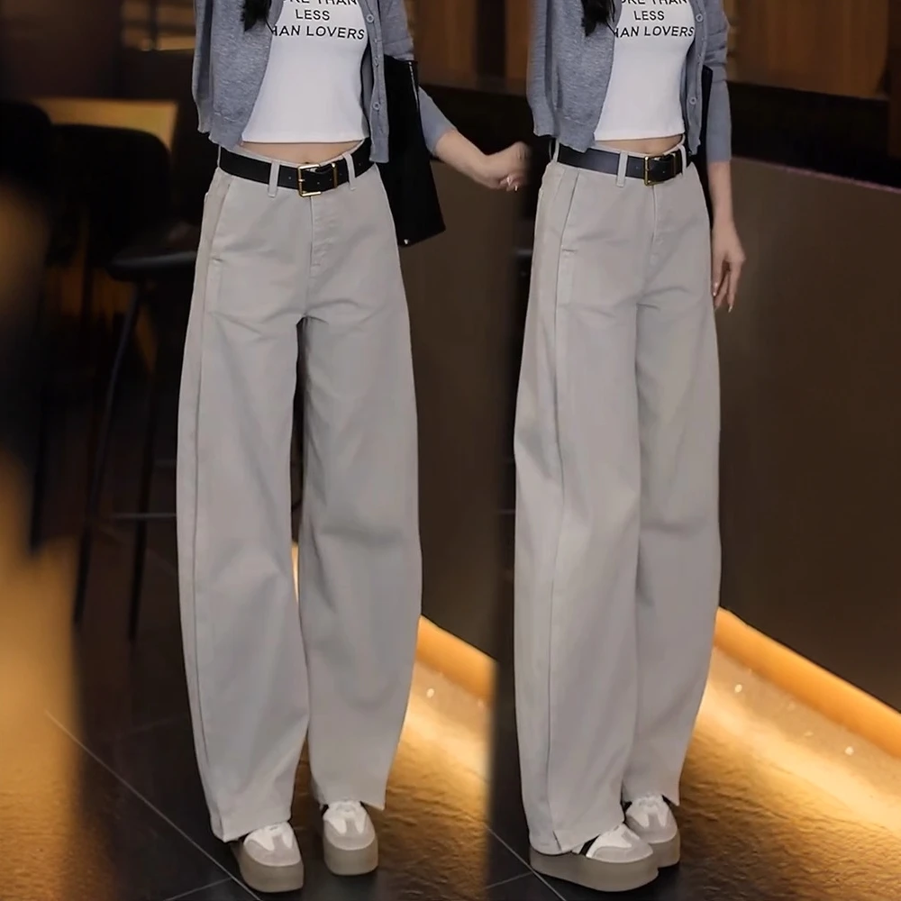 莫兰迪灰弯刀直筒阔腿牛仔裤2025春夏新款高腰显瘦宽松女裤休闲裤