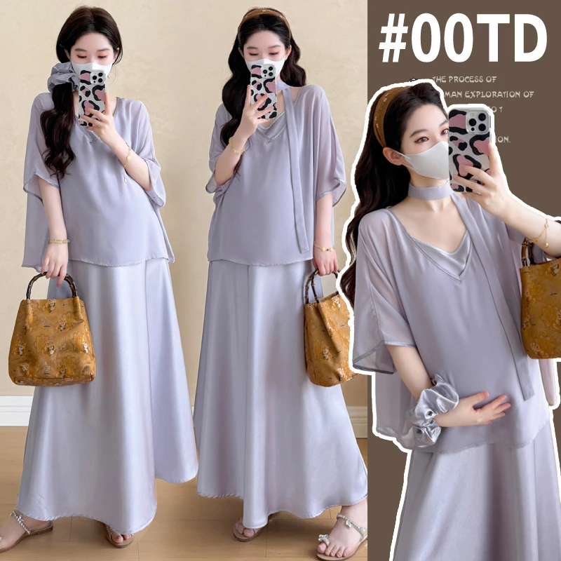 孕妇夏季新款套装2025高级感时尚洋气纯色短袖上衣裙子韩版两件套