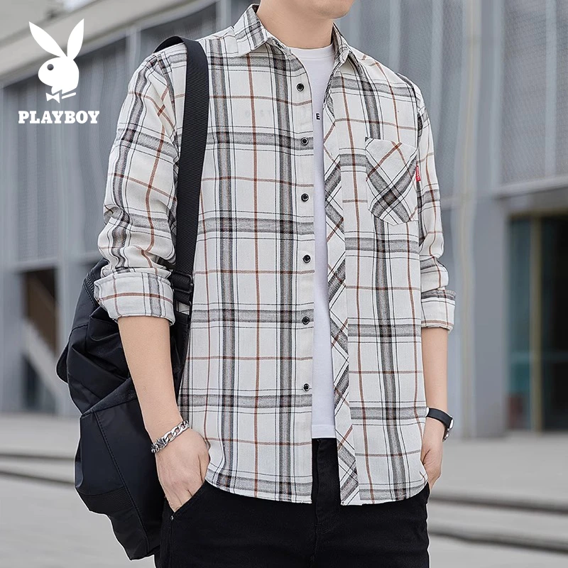PLAYBOY/花花公子薄款长袖衬衫男士高级感格子休闲宽松潮流衬衣服