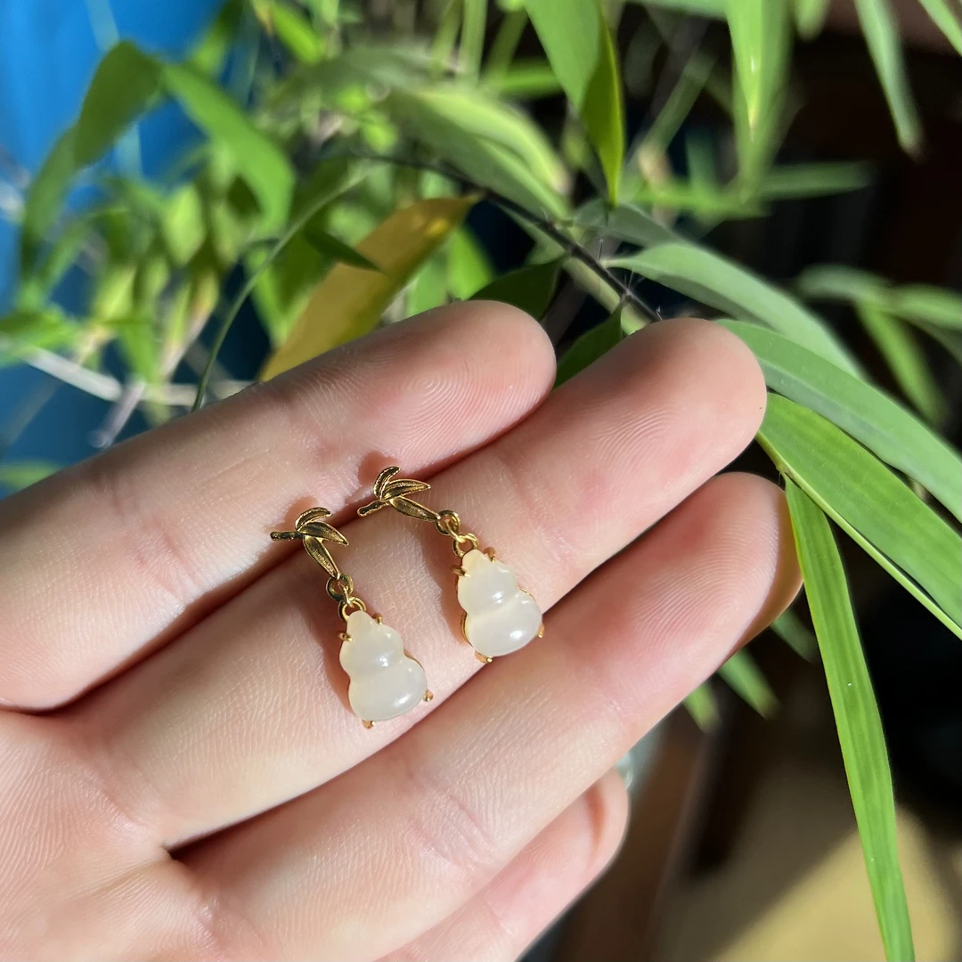 天然和田玉葫芦耳坠S925银轻奢设计精致款爆款气质百搭耳饰