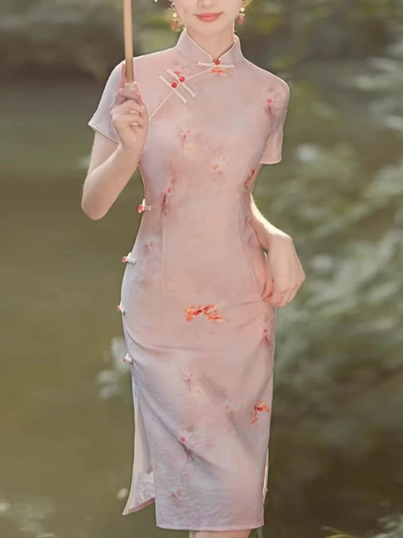 0672 粉色 【荷花金鲤】 中长款 旗袍