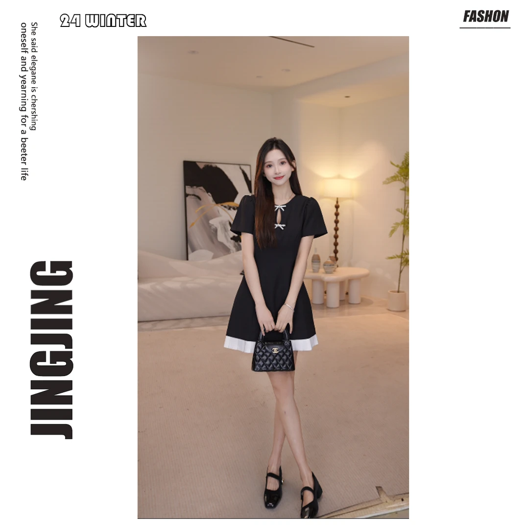 【婧婧】新中式蝴蝶结黑色连衣裙女夏季2025年新款高级感裙子28D347