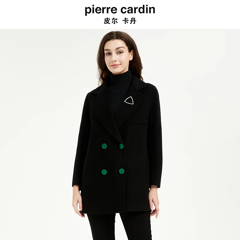 皮尔卡丹女装都市风尚休闲双排扣毛呢大衣
