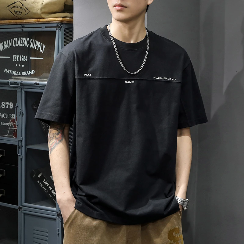 GTRT230g重磅纯棉拼接短袖t恤男夏季潮刺绣体恤舒适简约时尚百搭