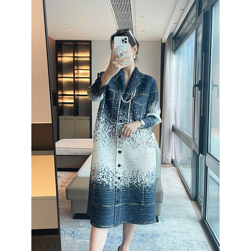 【褶二喜】三宅风早春褶皱开衫翻领连衣裙女气质优雅宽松显瘦减龄