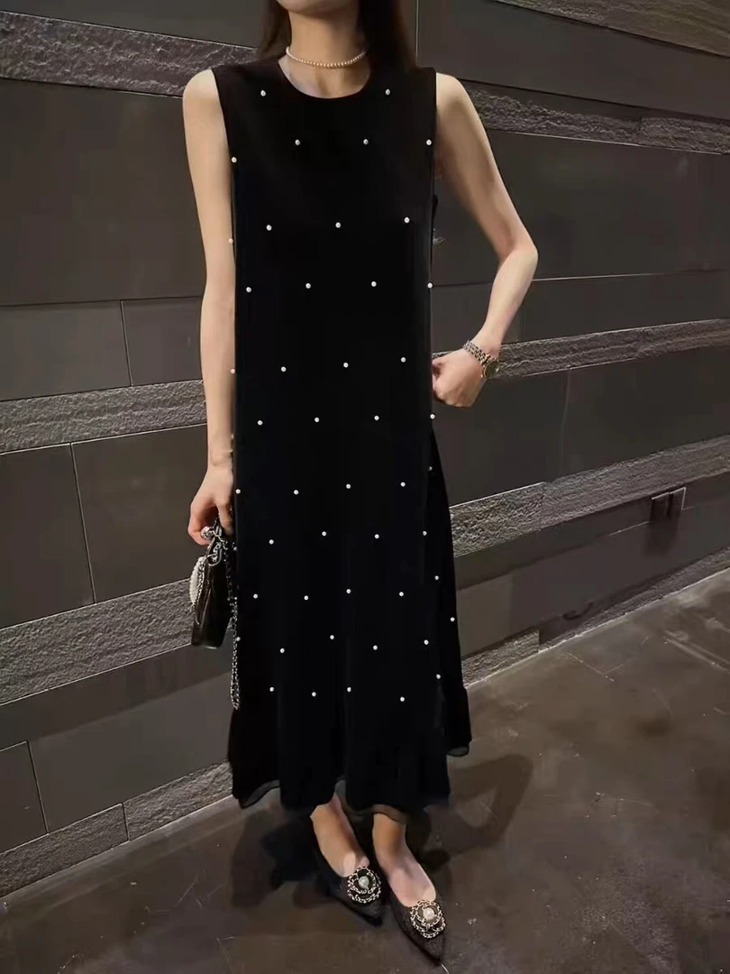 复古重工钉珠网纱拼接丝绒连衣裙女气质蕾丝衫背心裙套装9121#