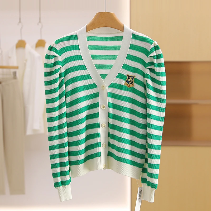 伍莎服饰云仓【喜】条纹修身V领毛衣开衫