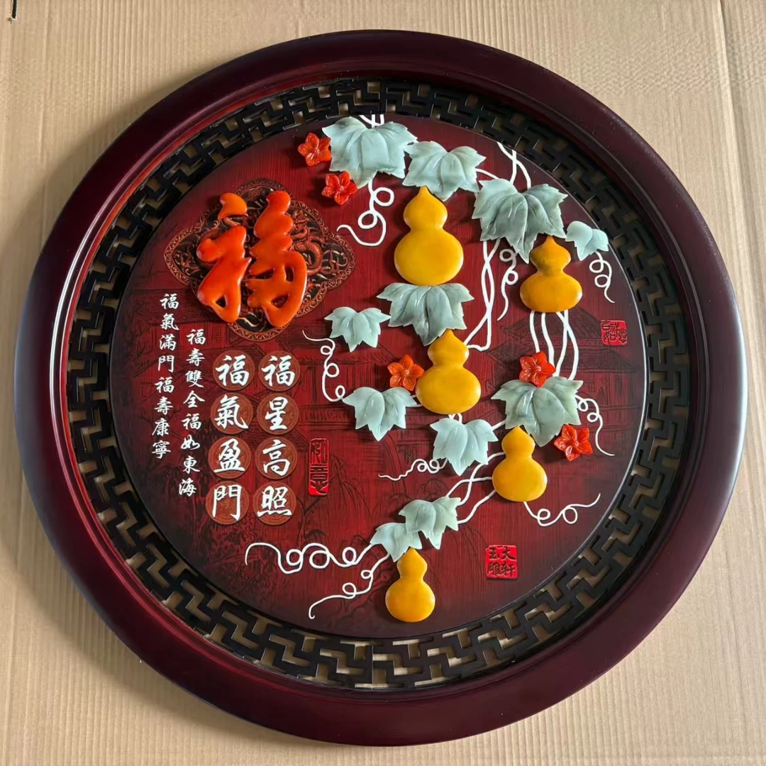 85x85福星高照圆形新中式玉雕装饰画实木框客厅玄关挂画壁画
