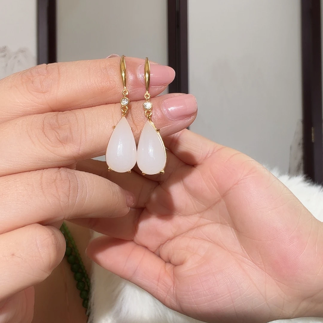 和田玉（白玉）银S925镀金镶嵌耳饰