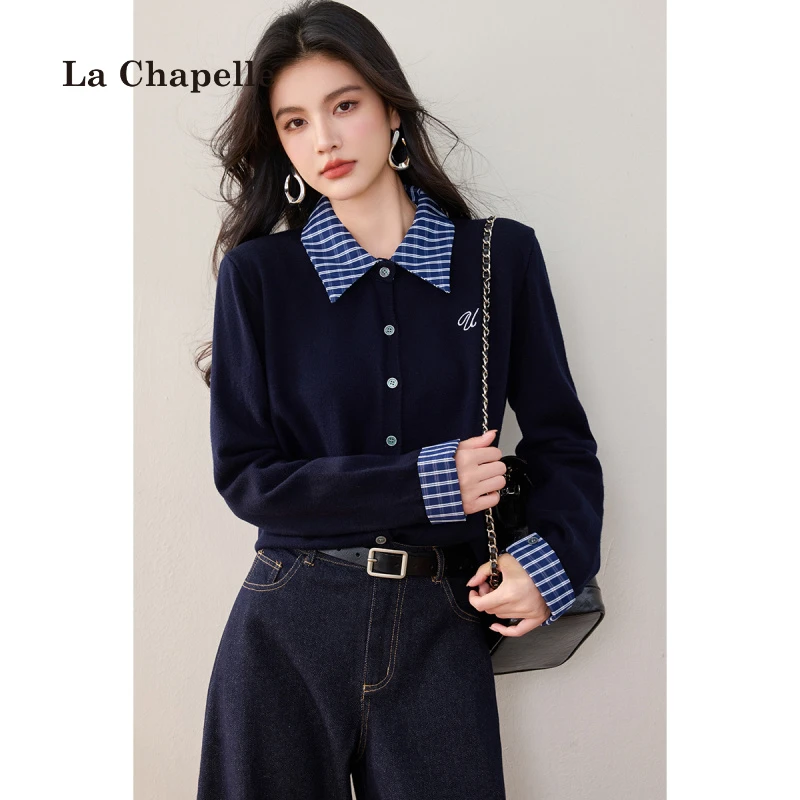 拉夏贝尔气质翻领格子拼接假两件针织衫韩系春秋季休闲宽松开衫女