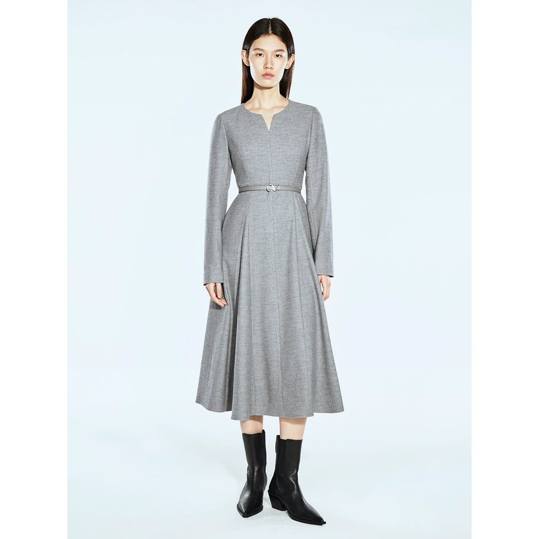 COVERINS2025春季格雷系鸢尾领羊毛混纺连衣裙CC35105140