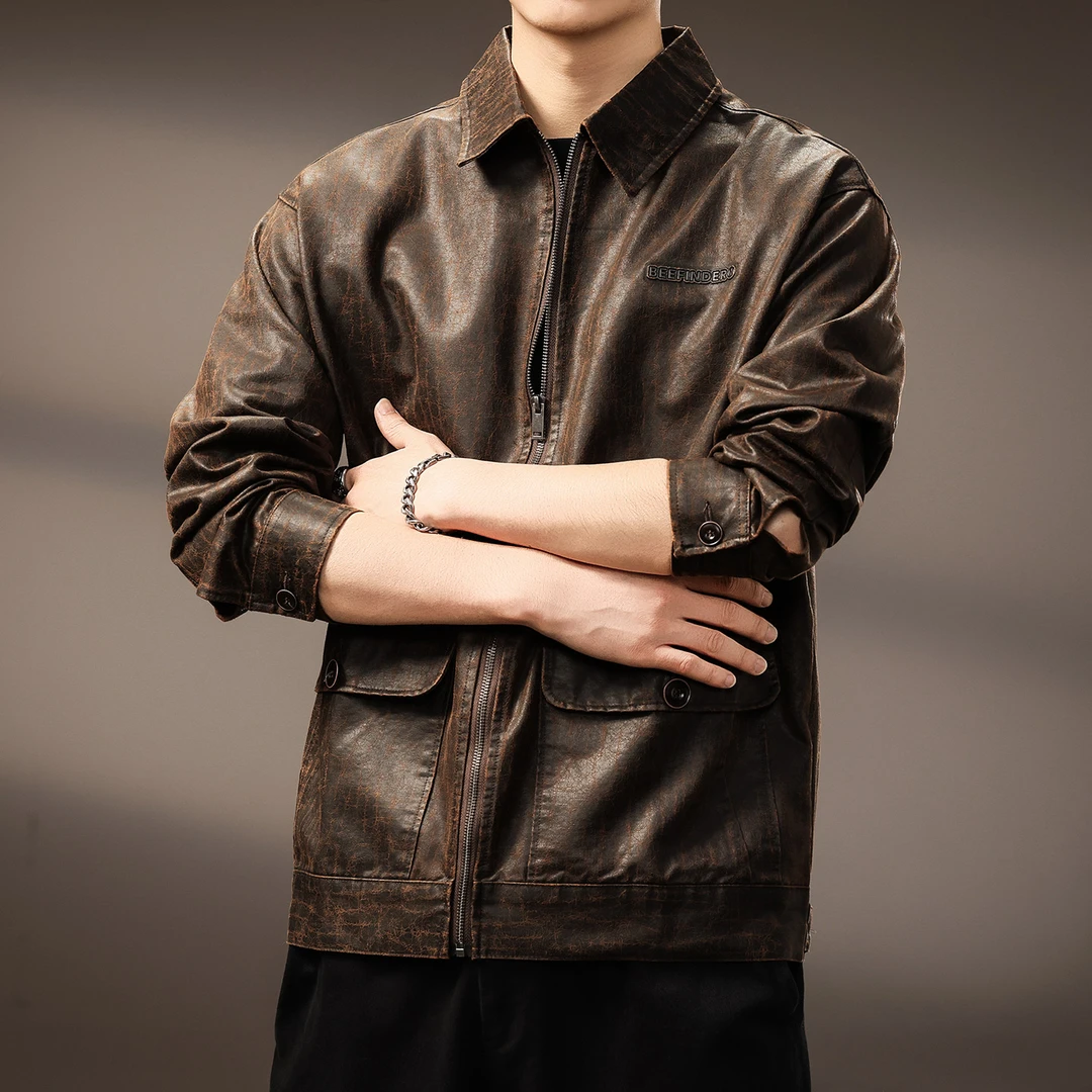 高端美拉德复古机车皮衣外套男2025秋季新款美式潮流痞帅工装夹克