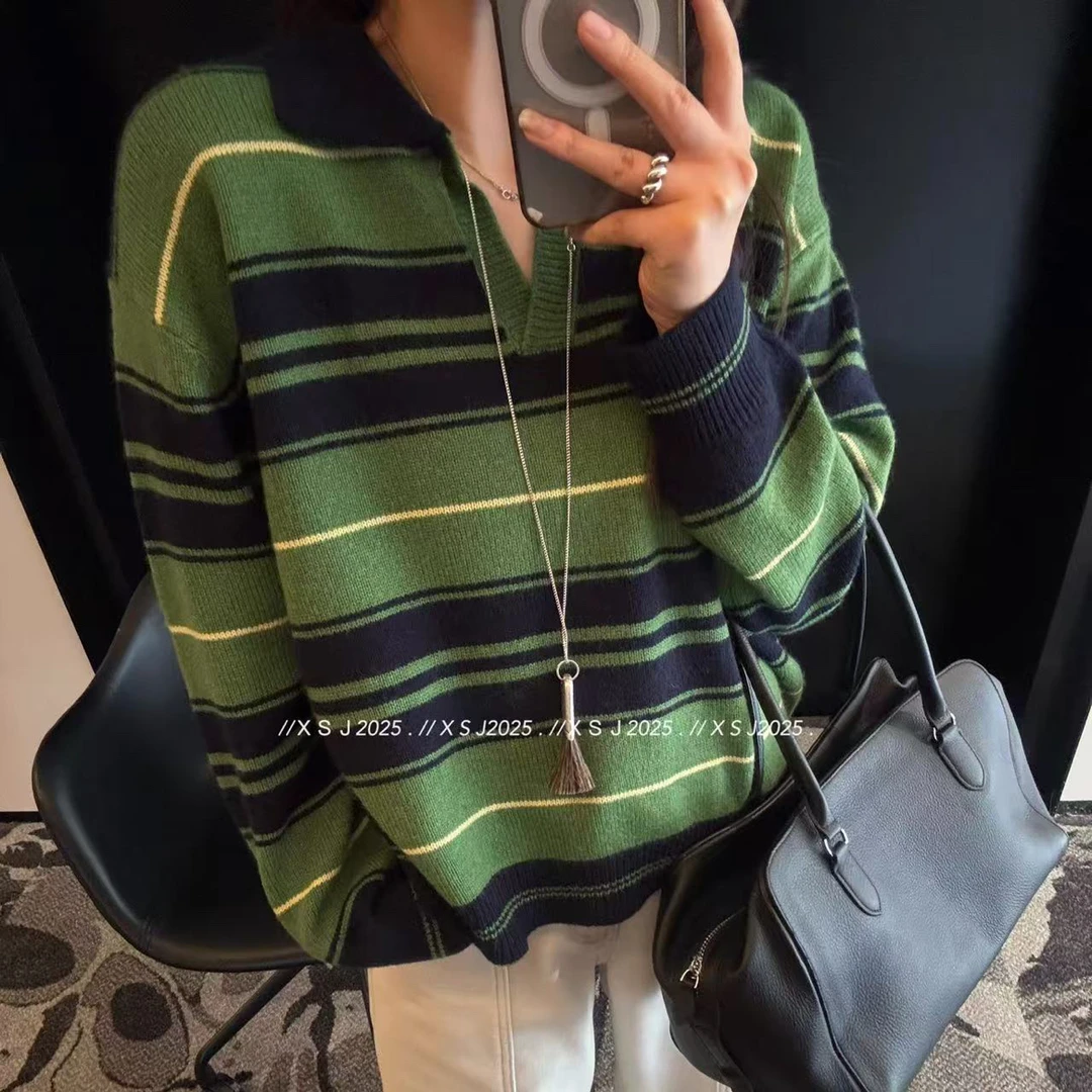 欧洲站2025冬季时尚氛围感Polo剪刀领条纹拼色软糯针织毛衣6523