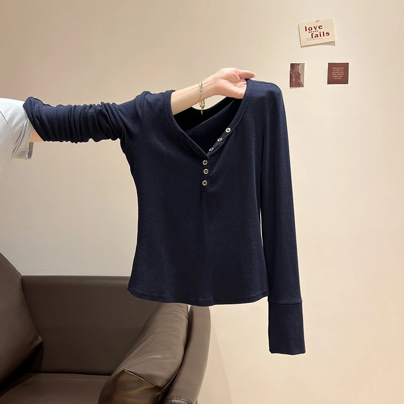 秋冬蓝色v领甜辣妹长袖打底小衫女纽扣设计感T恤修身掐腰内搭上衣
