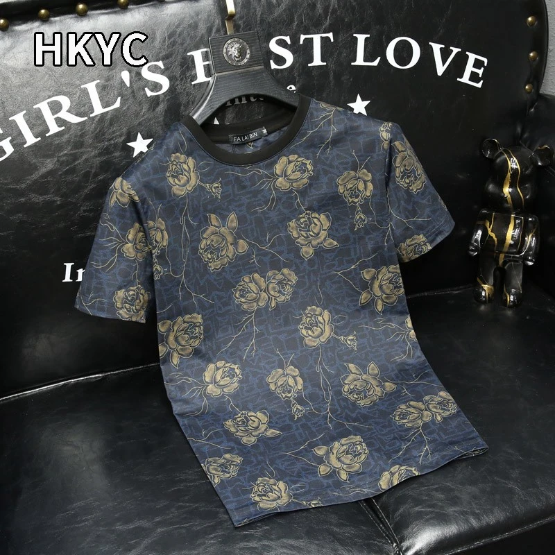 欧洲站高端个性碎花短袖恤男士2025新款夏季潮流圆领体恤衫男