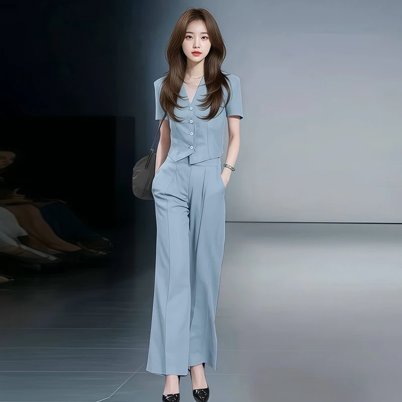 时尚韩系轻熟风套装女2025年夏季新款v领开衫上衣阔腿裤两件套潮