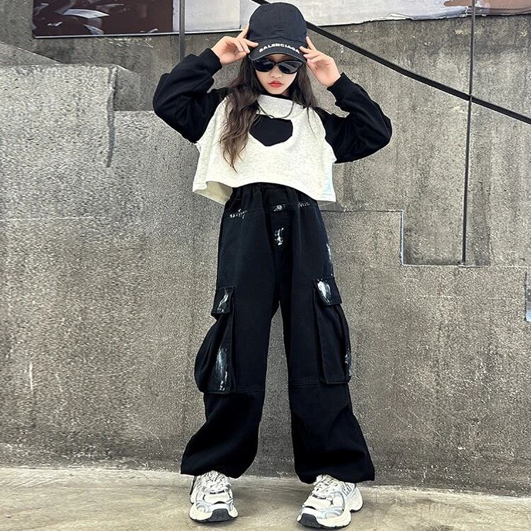 女童卫衣炸街套装2025新款街舞表演服儿童工装裤中大童休闲两件套