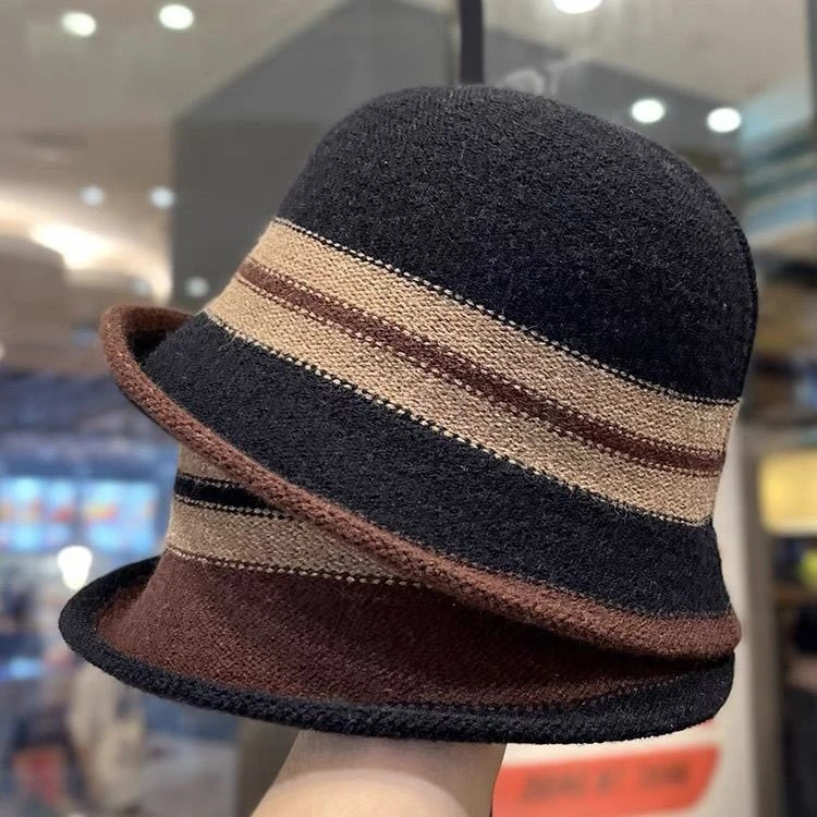 冬季新款保暖冬季英伦百搭渔夫帽优雅复古条纹礼帽盆帽时尚帽子Y