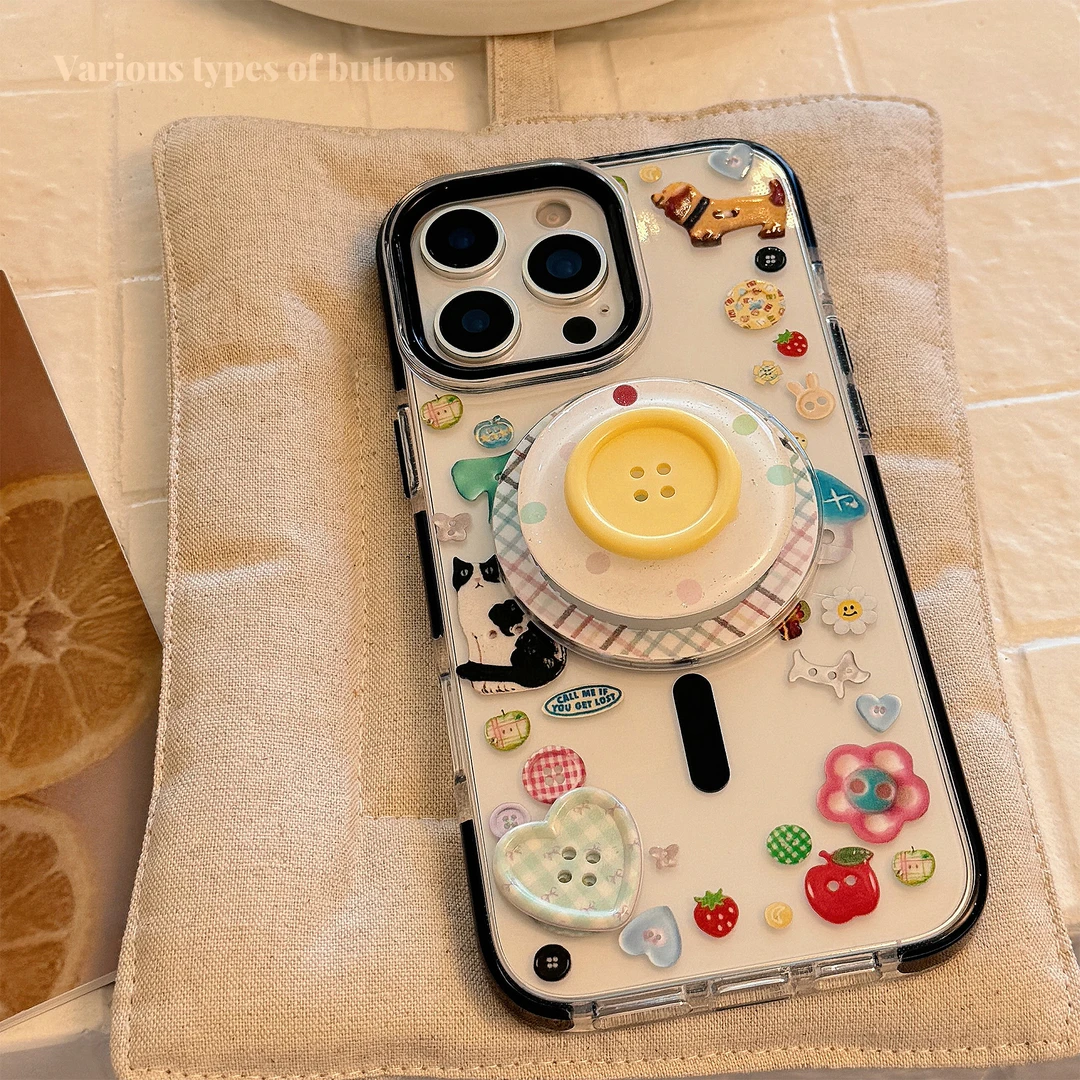 立体纽扣16Promax闪粉磁吸支架iPhone17手机壳14适用13卡通涂鸦11