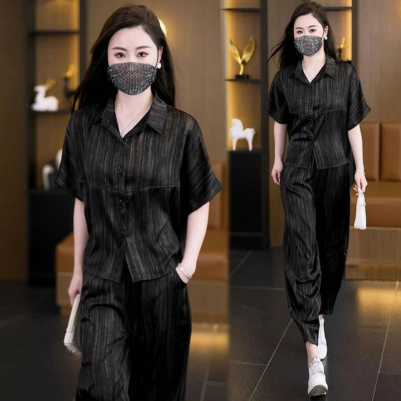 网红时尚休闲套装女夏新款气质高级大码遮肉衬衫宽松哈伦裤两件套