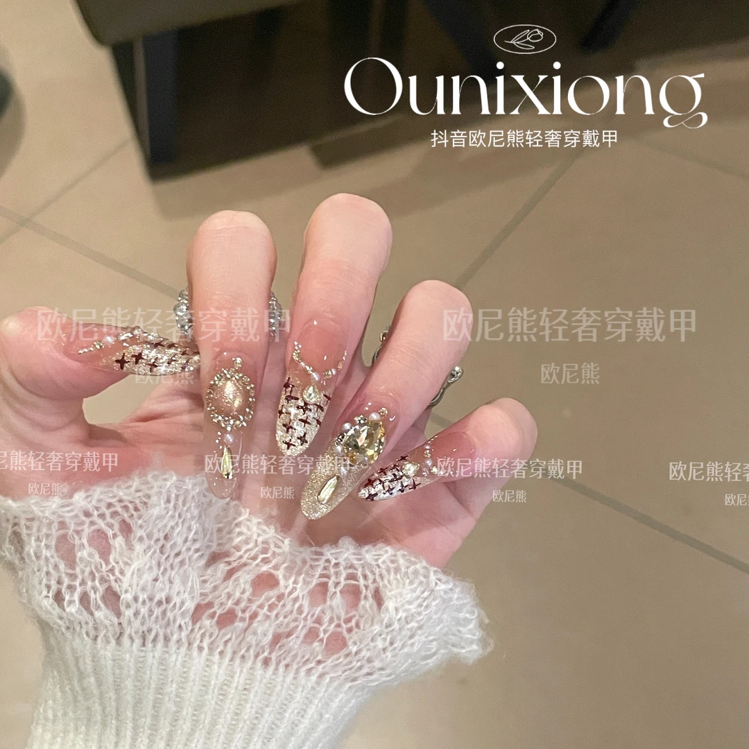 纯手工百搭小香风猫眼法式钻穿戴甲高级感满满气质美甲显高级