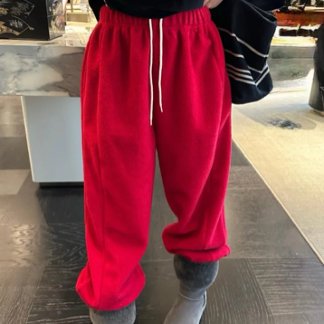 现货 明线设计羊羔绒萝卜裤口袋缝标束脚休闲裤卫裤