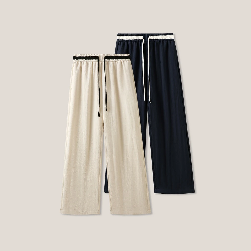 百搭抽绳松紧腰简约亚麻撞色直筒休闲裤ss26145