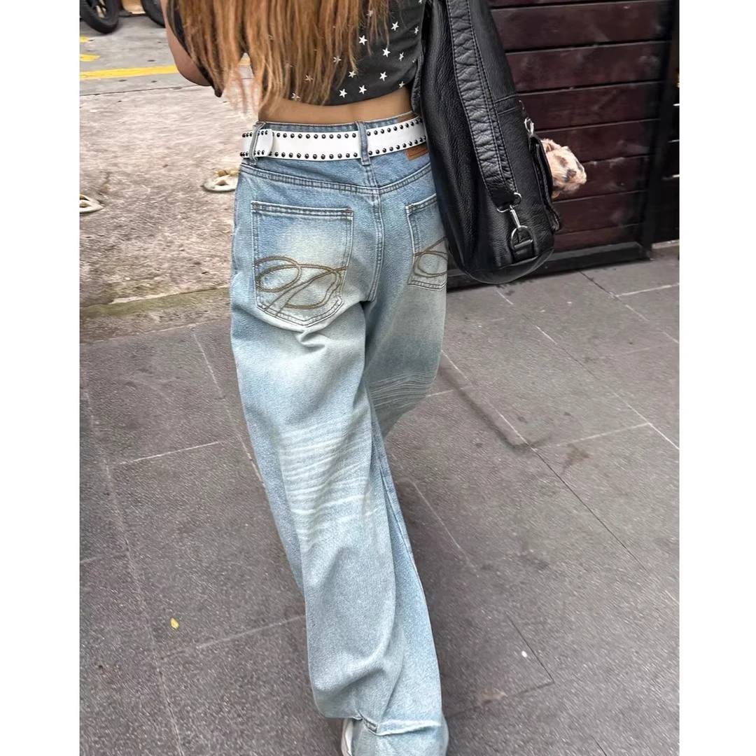 【运费险】美式复古口袋刺绣牛仔裤女新款宽松高腰显瘦阔腿拖地长裤