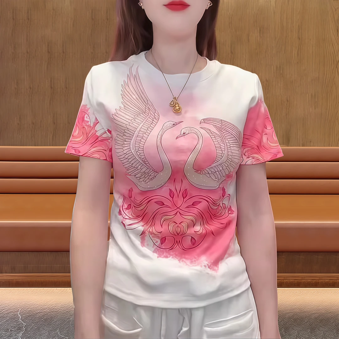 纯棉欧货重工飞鹤印花烫钻正肩洋气衣服女2025夏新款百搭圆领上衣
