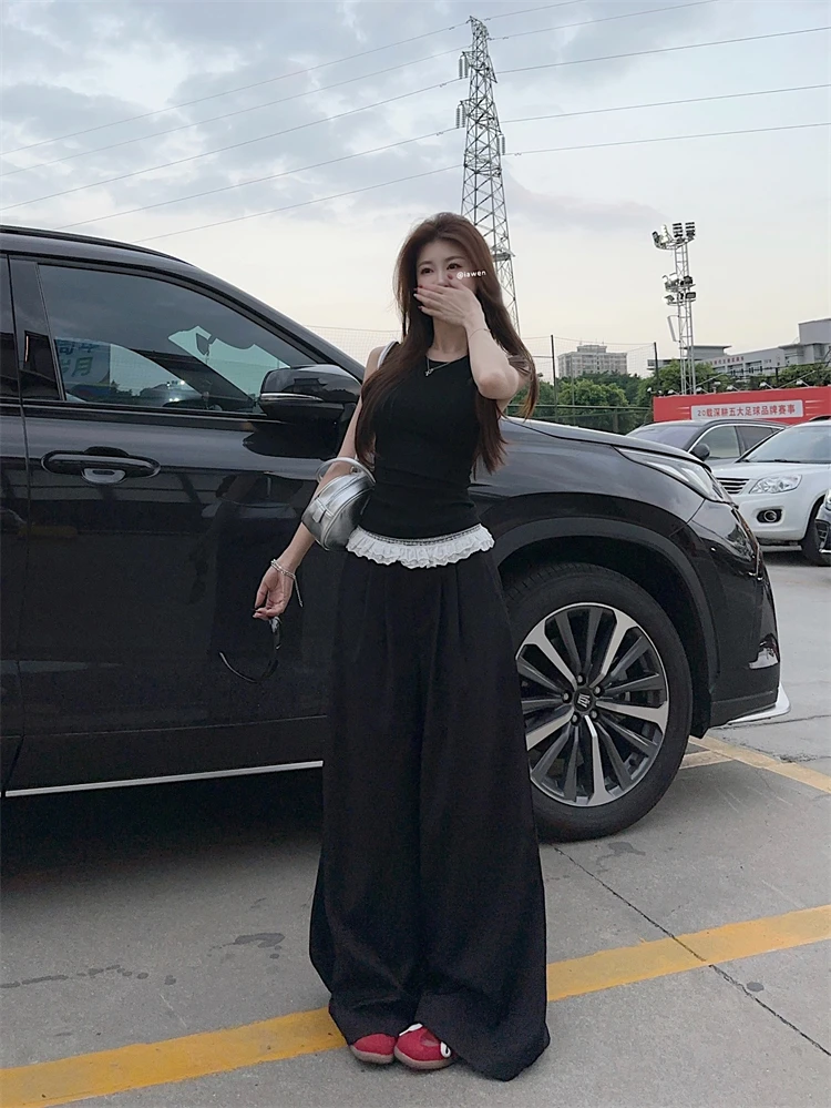 拼接腰头花边黑色宽松直筒休闲裤+后背蕾丝镂空纯欲背心女  80039