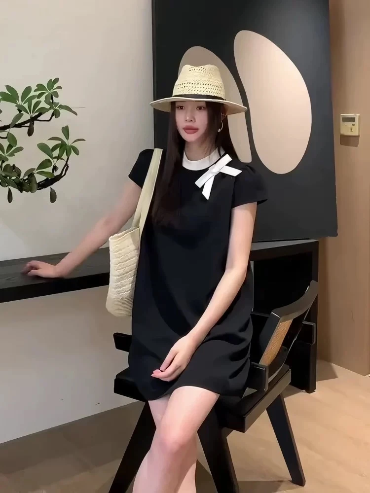 时尚复古蝴蝶结无袖连衣裙女夏季新款洋气宽松显瘦气质直筒裙