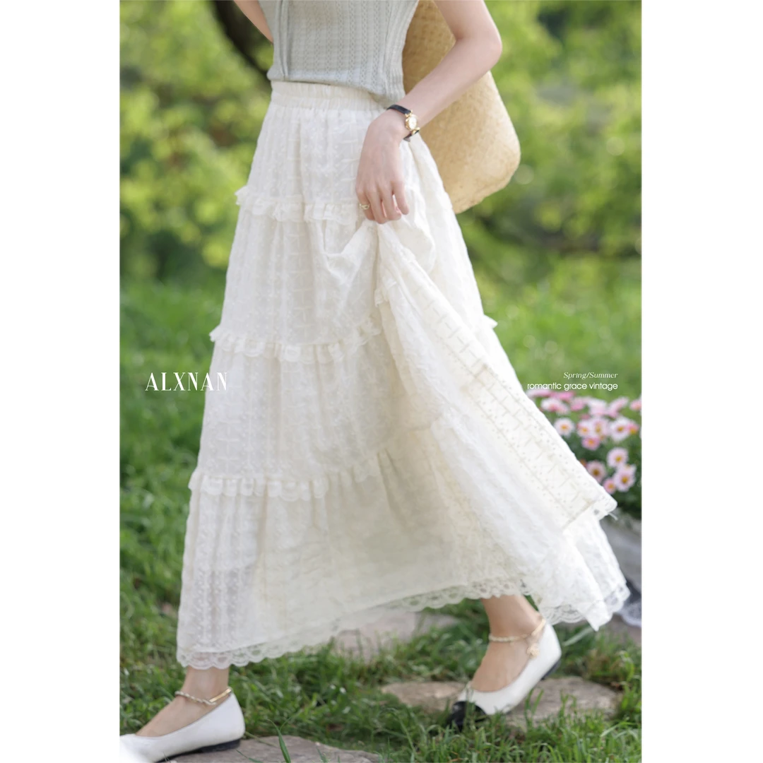 【粉丝福利】鹿向南「夏日浮想]法式白杏色蕾丝女夏半身裙L553103