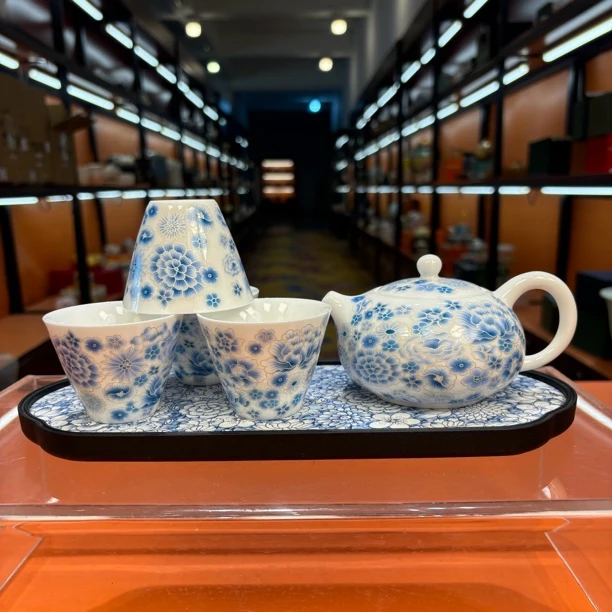 秋香茶具 羊脂玉瓷蓝团花一壶四杯小套装功夫茶具（无礼盒）-4866