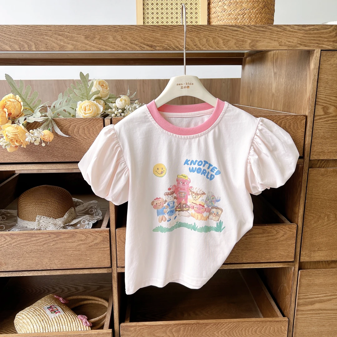 【短袖】5033（粉色）短袖 女童韩版洋气 可爱小熊泡泡袖 卡通短袖