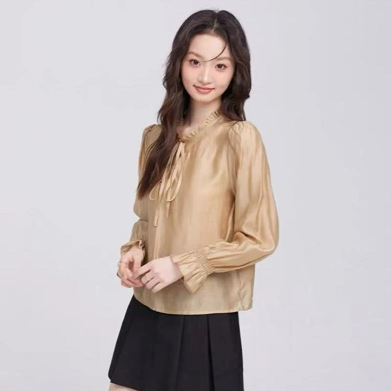 Apr138气质木耳边珍珠领花上衣衬衫596