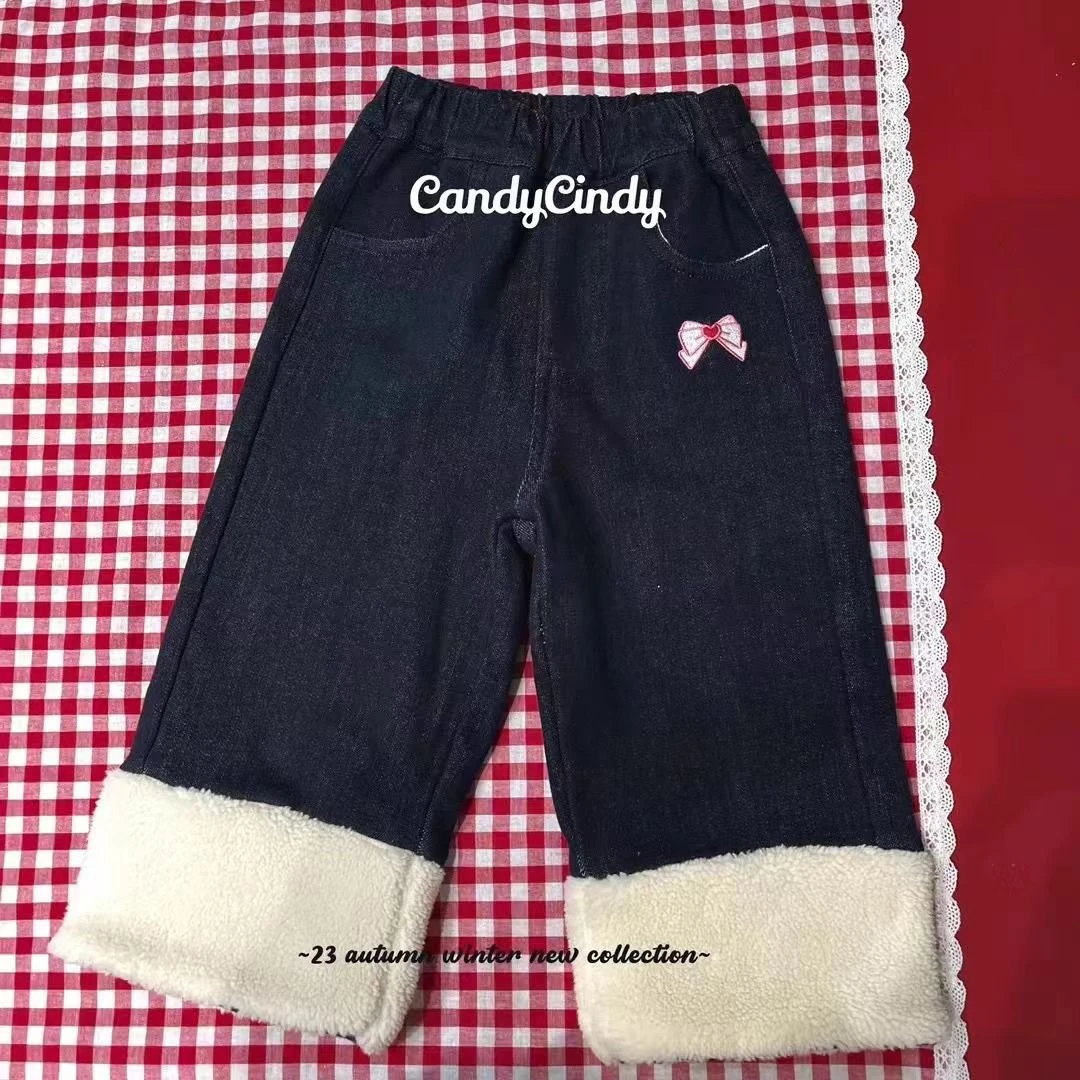 【CC】蝴蝶结刺绣加绒牛仔裤 0218