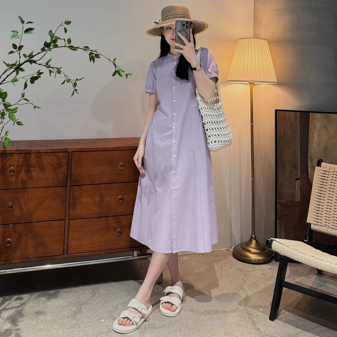 今婷韩系简约时尚百搭慵懒风长款圆领气质纯色连衣裙女-M25202333