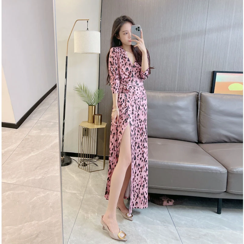 夏季显瘦气质长裙时尚收腰连衣裙法式绑带印花裹身裙