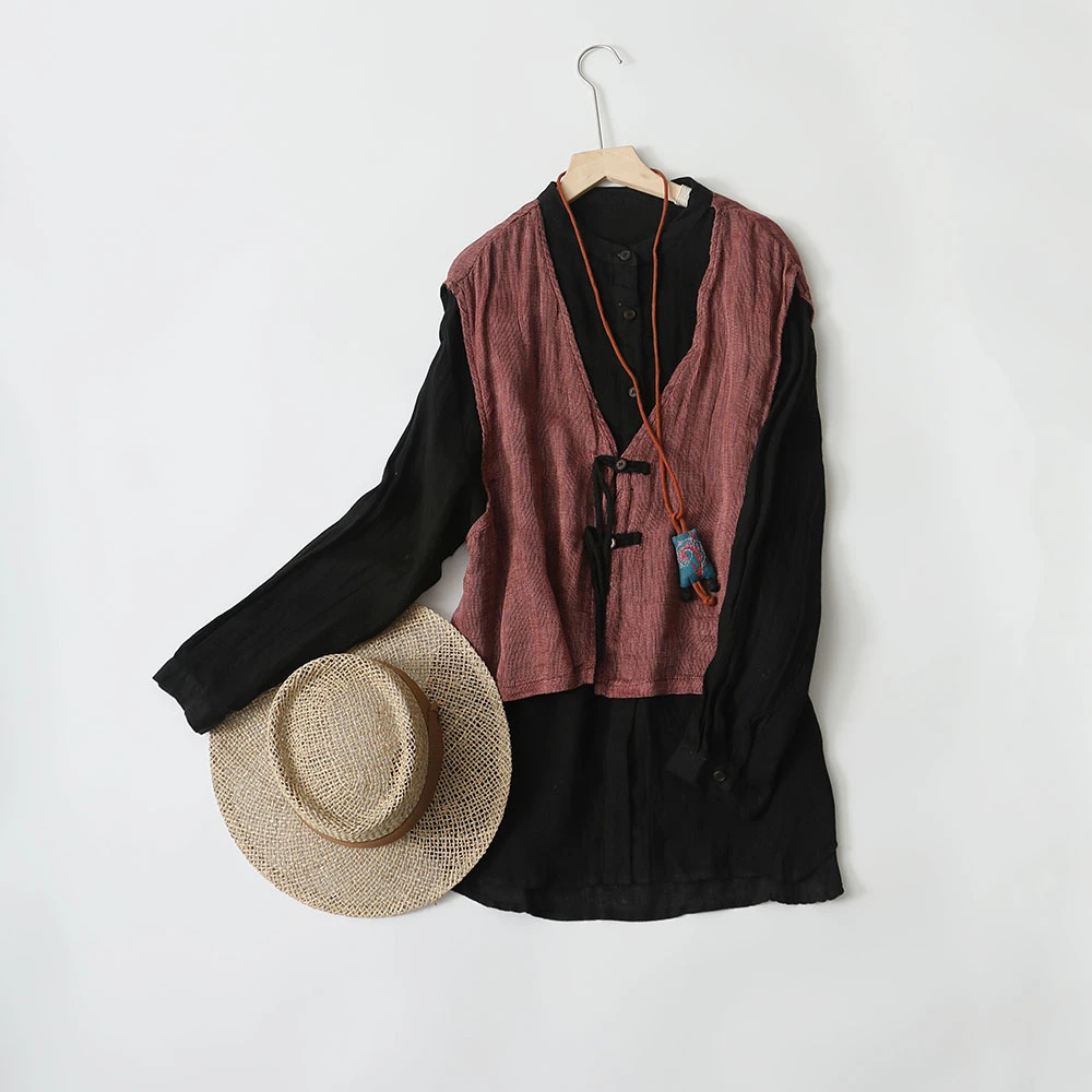 【七喜棉麻】亚麻假两件背心衬衫