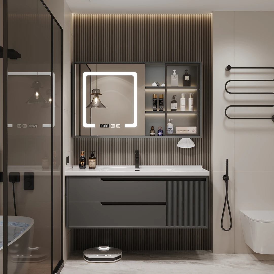 简约智能深灰色实木烤漆一体盆浴室柜卫生间洗漱组合洗脸盆