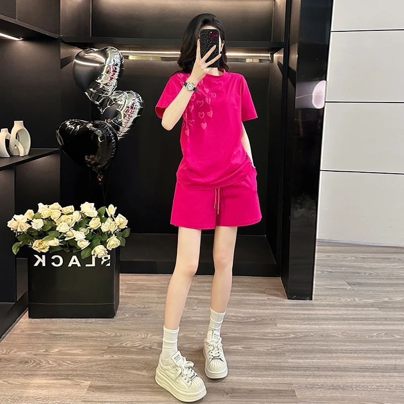潮牌时尚休闲运动短袖套装女夏季新款宽松大版显瘦短裤跑步两件套