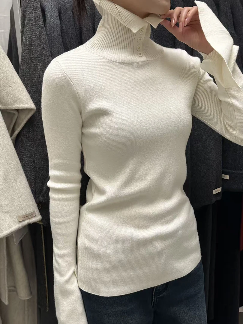 多穿法可立领翻领多扣极简随身版型显瘦针织上衣 7883