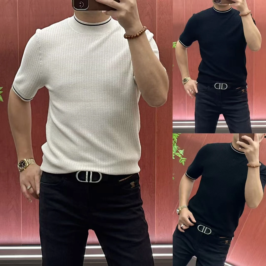 88732｜简约轻奢｜高织高密高弹绵羊毛玉米格寸领短袖针织衫A6