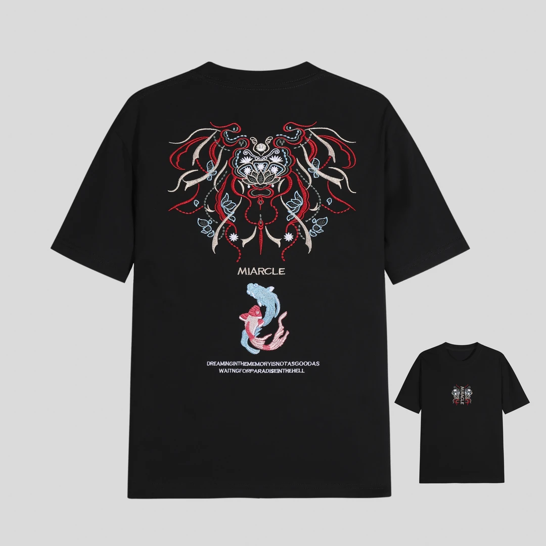 【花1】春夏季轻奢短袖国风双鱼刺绣T恤 y221#