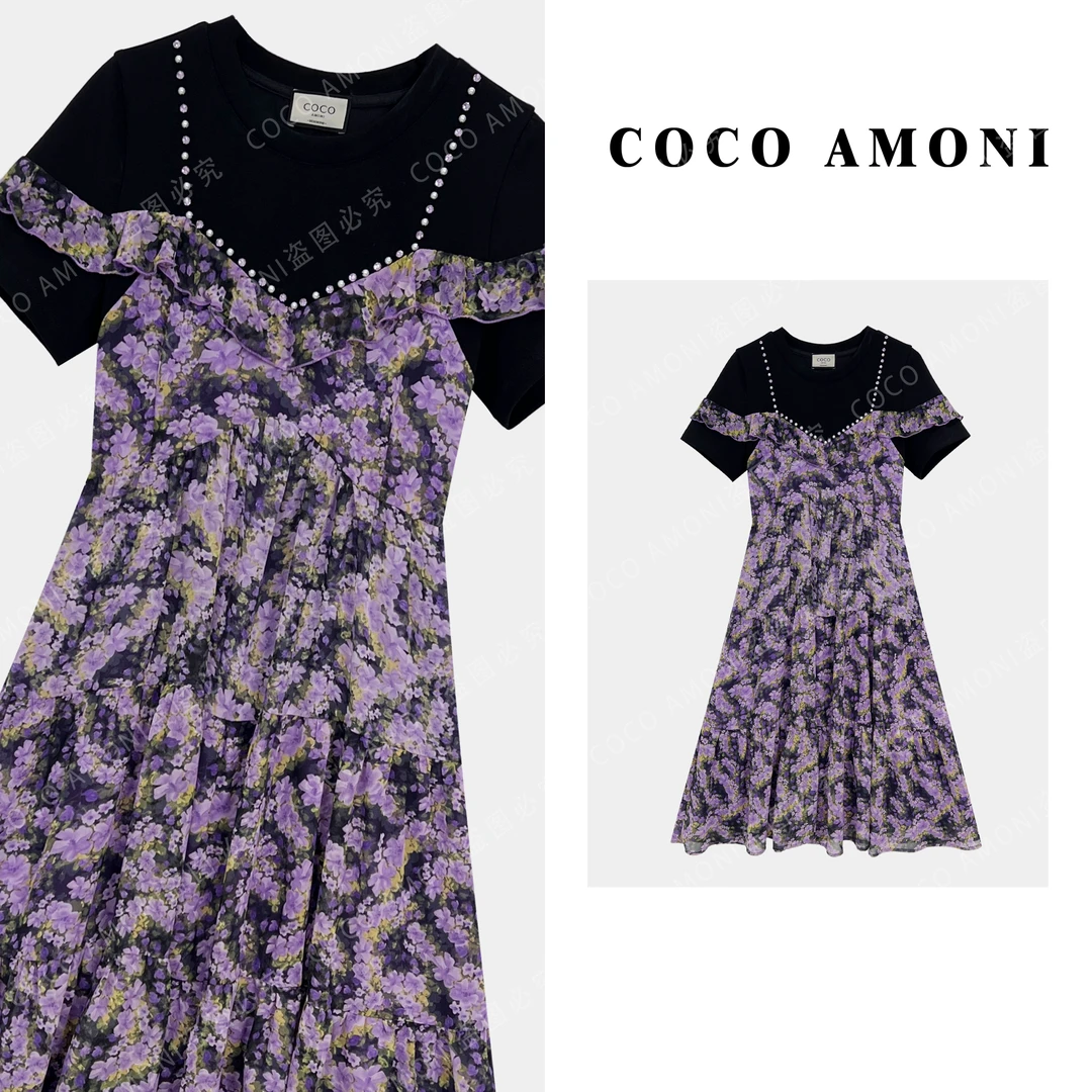 [曼姐]紫色碎花拼接个性假两件钉珠显瘦百搭连衣裙AC254